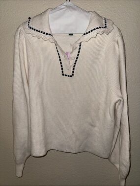 wild fable Cream Knit Scoop Collar Sweater with Black Trim